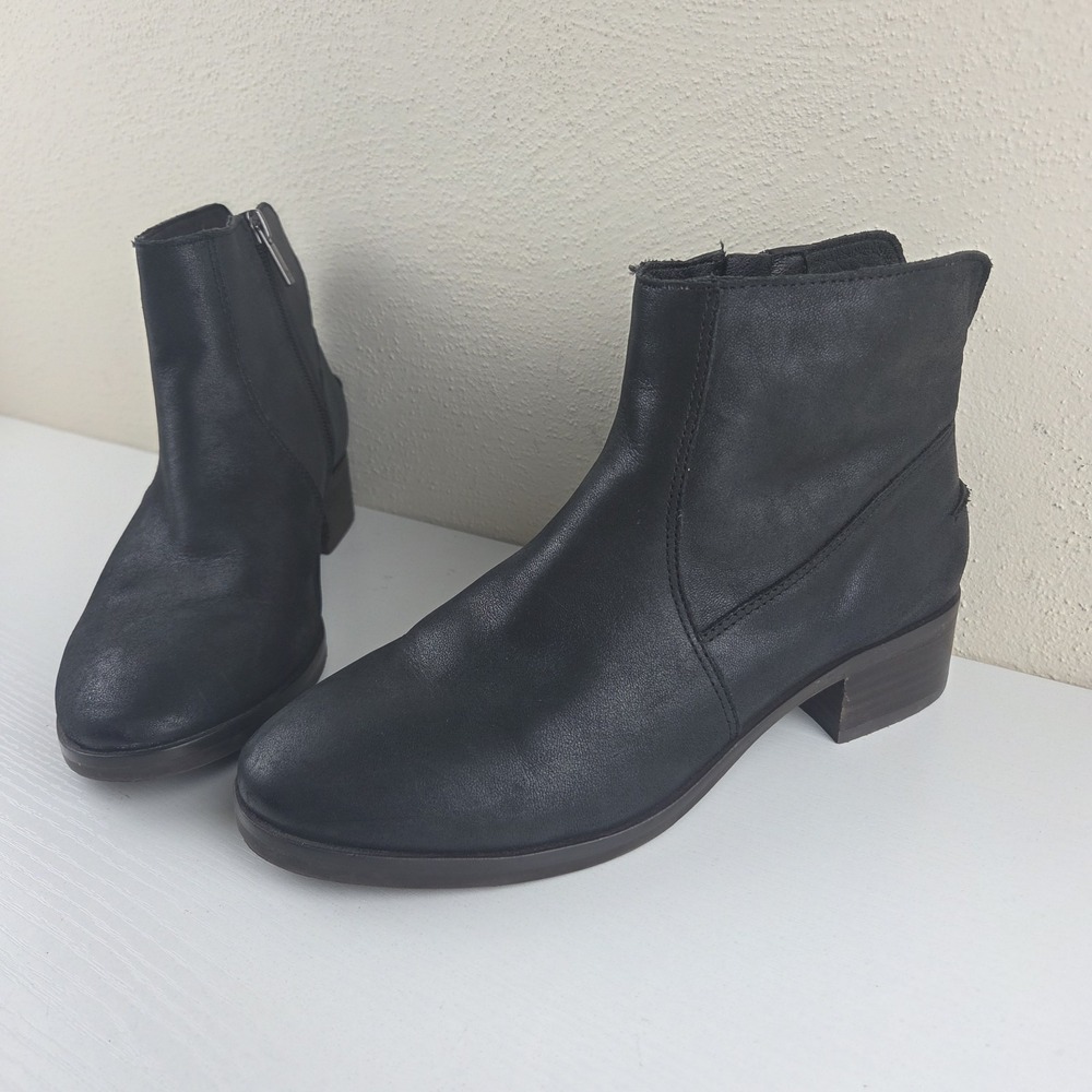 Lucky Brand Pedera Black Leather Ankle Booties Side Zip Block Heel Women's 7 M